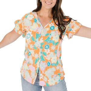 Heimish USA Floral Print Button Down Top Short Sleeve Orange Medium